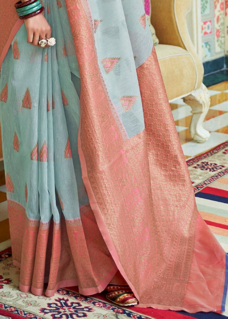 Sky Blue Woven Linen Silk Saree with Butti overall Clothsvilla