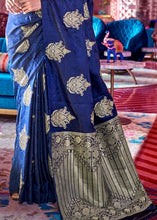 Load image into Gallery viewer, Berry Blue Satin Silk Saree with overall Golden Butti Clothsvilla