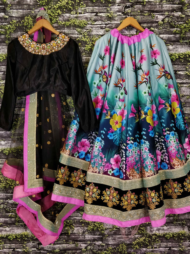 Dazzling Floral Printed Black Lehenga Skirt with Velvet Blouse ClothsVilla