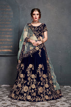 Load image into Gallery viewer, Beautiful Navy Blue Bridal Wear Embroidered Velvet Lehenga Choli ClothsVilla