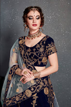 Load image into Gallery viewer, Beautiful Navy Blue Bridal Wear Embroidered Velvet Lehenga Choli ClothsVilla