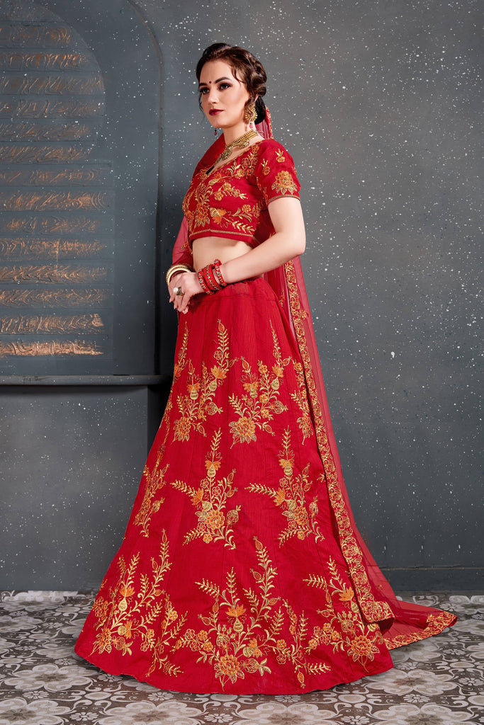 Flaunt Red Bridal Wear Embroidered Slub Silk Lehenga Choli ClothsVilla