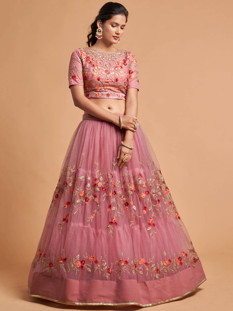 Miraculous Dusty Pink Thread Embroidery Net Party wear Lehenga Choli ClothsVilla