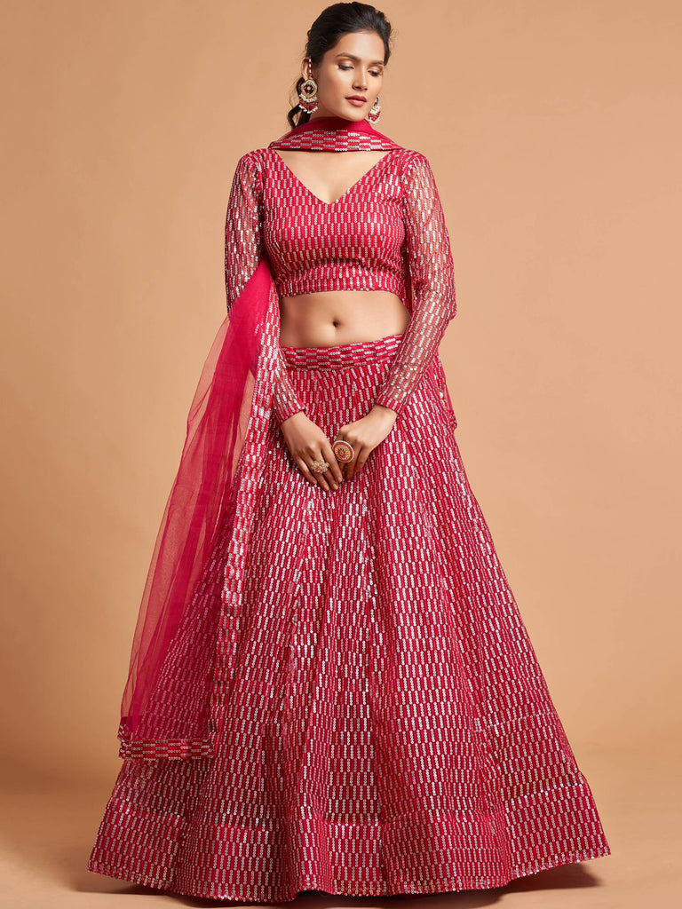Luxurious Hot Pink Thread Embroidery Net Party wear Lehenga Choli ClothsVilla