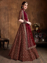 Load image into Gallery viewer, Breathtaking Maroon Sequins Raw Silk Bridal Lehenga Choli ClothsVilla