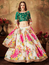 Load image into Gallery viewer, Energetic Off-White Digital Printed Organza Designer Lehenga Choli With Green Blouse ClothsVilla