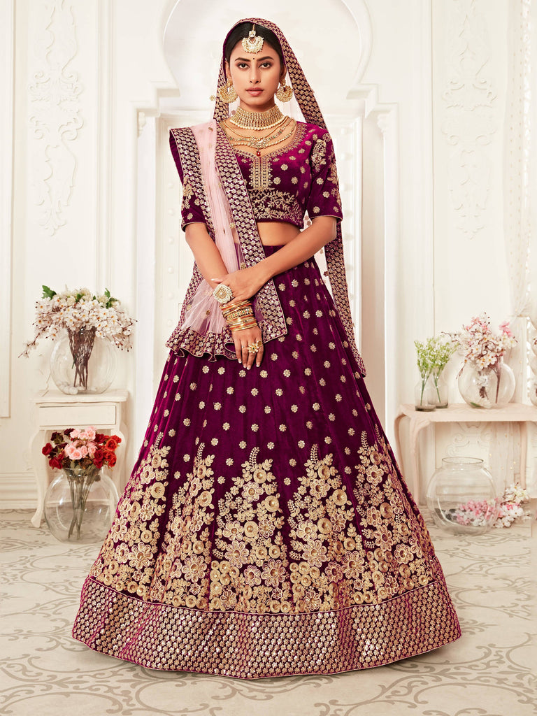 Hypnotic Purple Floral Embroidery Velvet Wedding Lehenga Choli With pink Dupatta ClothsVilla