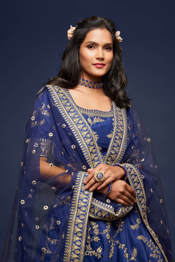Charming Blue Thread Embroidered Silk Wedding Wear Lehenga Choli ClothsVilla