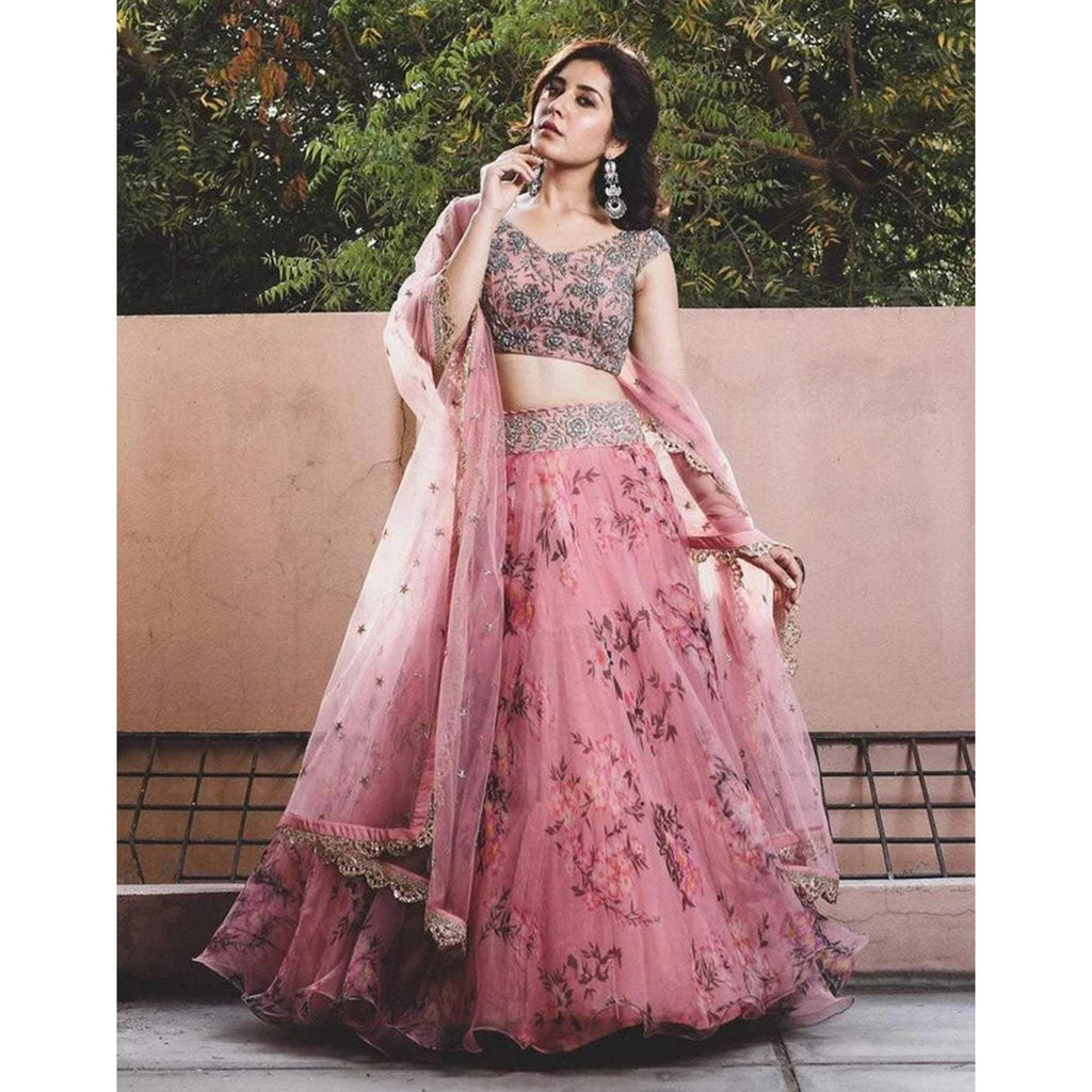 Floral Printed Pink Lehenga in Organza Silk and Embroidery Work ClothsVilla