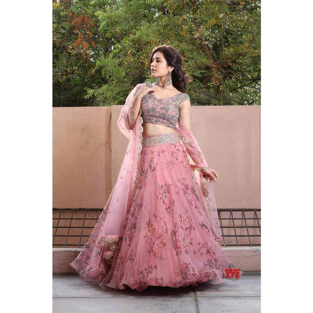 Floral Printed Pink Lehenga in Organza Silk and Embroidery Work ClothsVilla