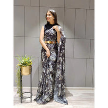 Load image into Gallery viewer, Flower Printed Ready to wear Chiffon Saree with Metal Belt ClothsVilla