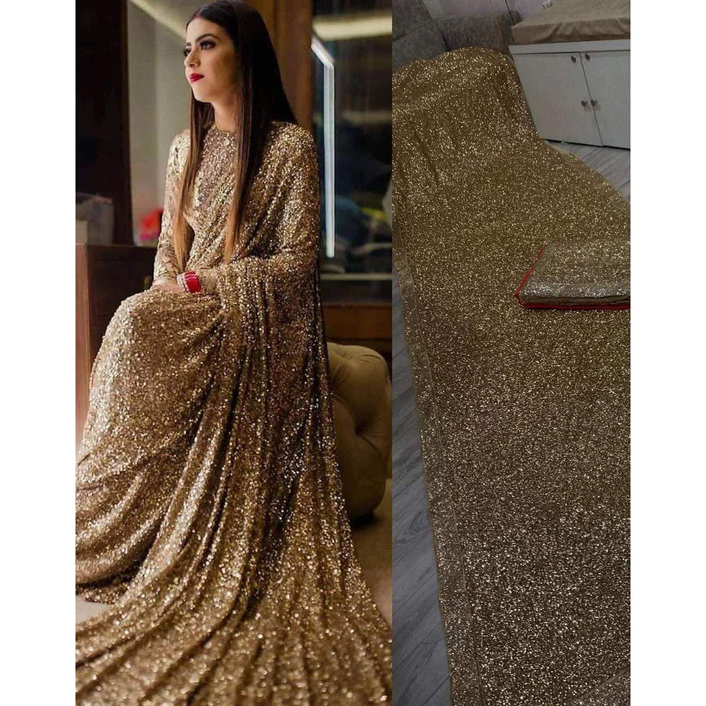 Gold Color Shimmer Party Wear Glitter Sequence Saree for Wedding ClothsVilla