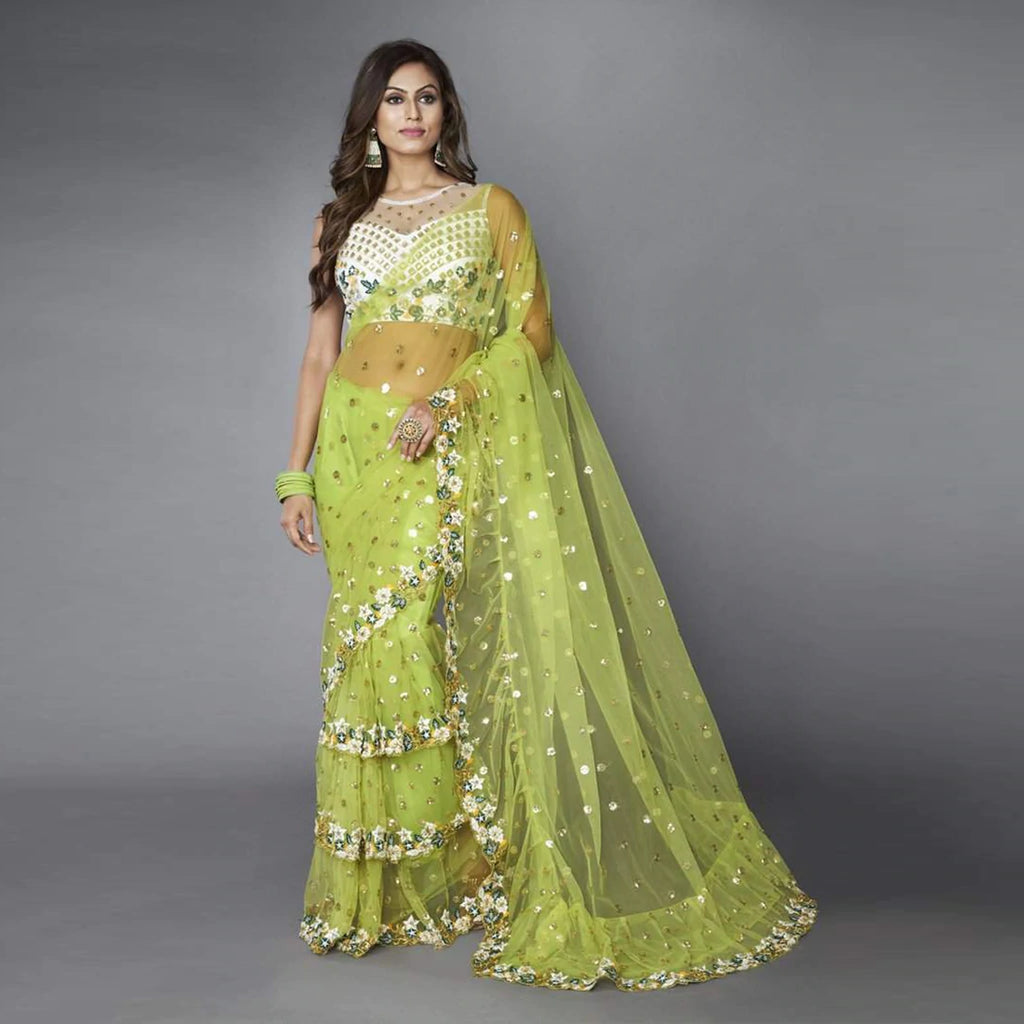 Green Ruffle Saree in Soft Net Fabrics with Embroidery Work ClothsVilla