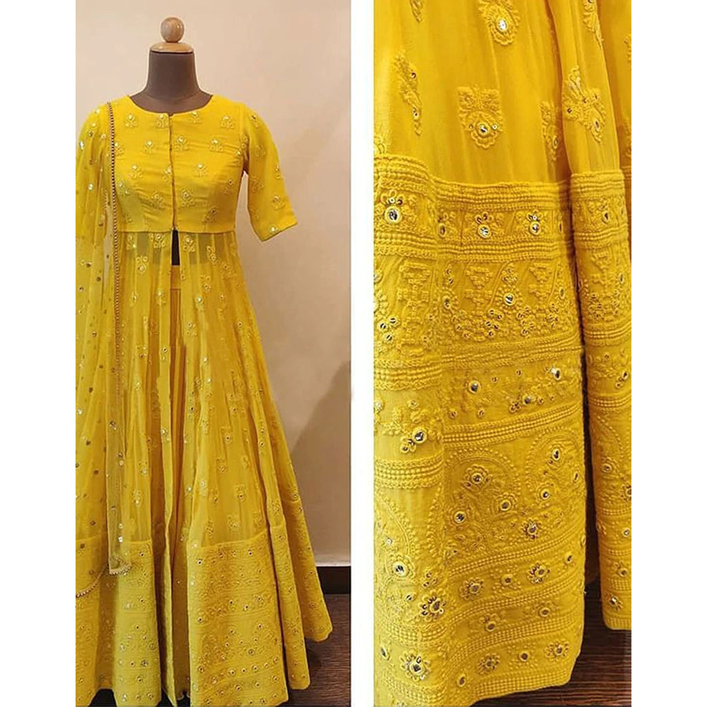 Lime Yellow Georgette Salwar Suit with Heavy Embroidery Work ClothsVilla