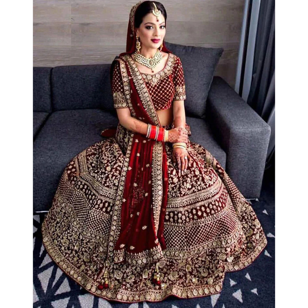 Maroon Bridal Lehenga Choli in Velvet with Embroidery and Pearl Work ClothsVilla