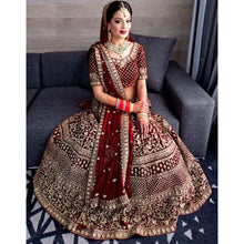 Load image into Gallery viewer, Maroon Bridal Lehenga Choli in Velvet with Embroidery and Pearl Work ClothsVilla