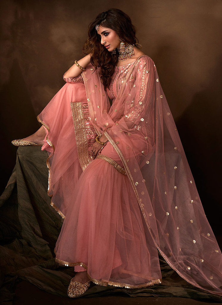 Peach Traditional Embroidered Gharara Suit Clothsvilla