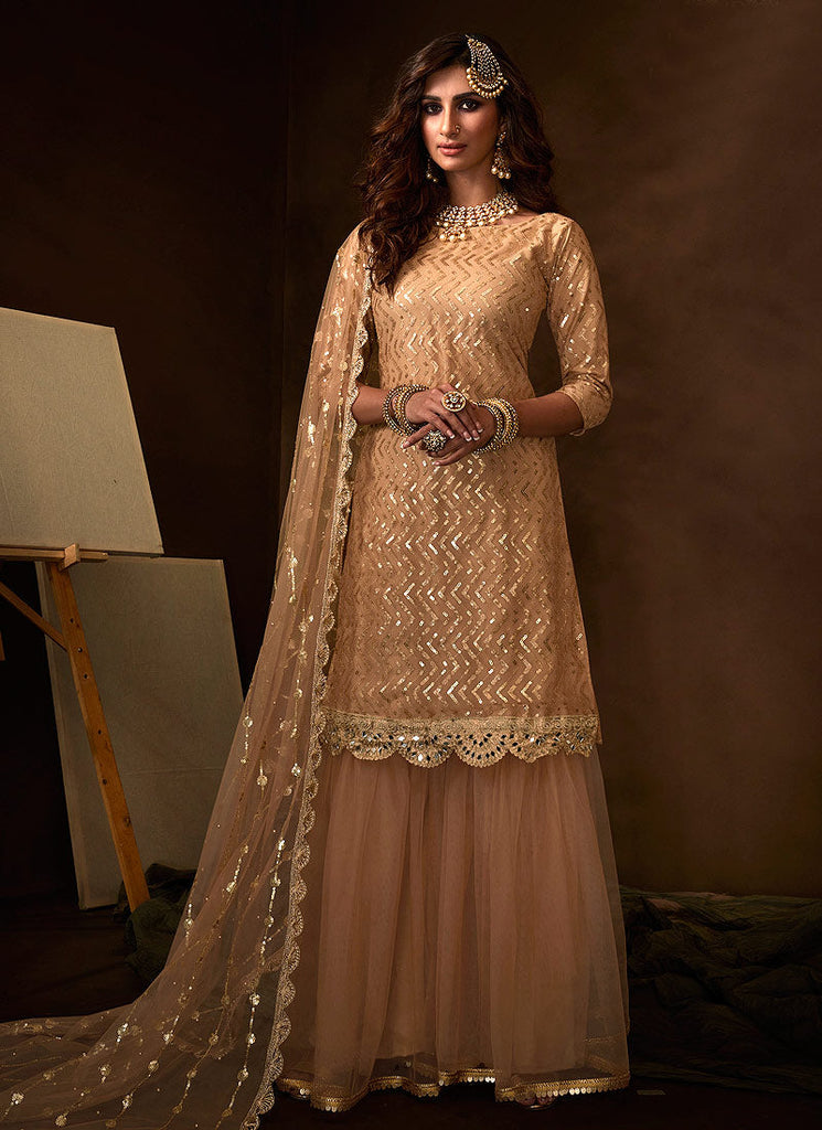 Beige Traditional Embroidered Gharara Suit Clothsvilla