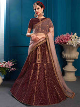 Load image into Gallery viewer, Brown Designer Satin Semi Stitched Lehenga With Unstitched Blouse Clothsvilla
