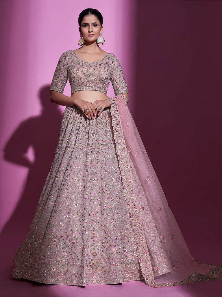Peach Georgette Embroidered Semi Stitched Lehenga With Unstitched Blouse Clothsvilla
