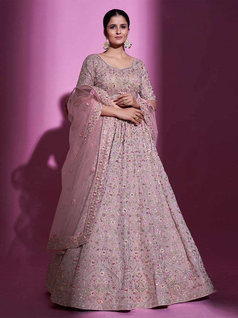 Peach Georgette Embroidered Semi Stitched Lehenga With Unstitched Blouse Clothsvilla