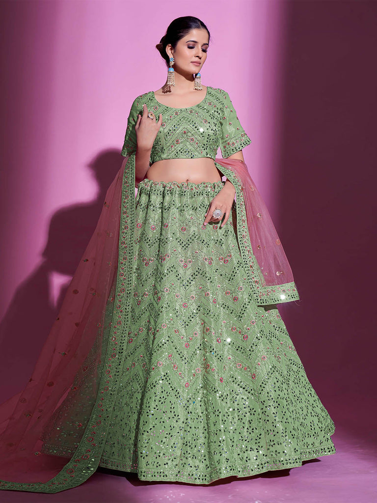 Green Silk Blend Embroidered Semi Stitched Lehenga With Unstitched Blouse Clothsvilla