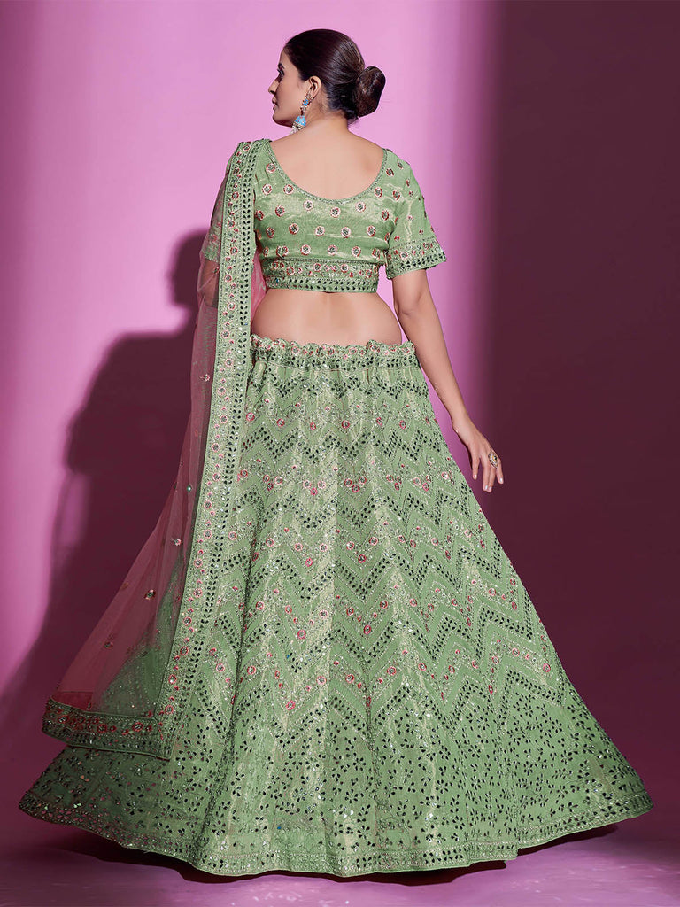 Green Silk Blend Embroidered Semi Stitched Lehenga With Unstitched Blouse Clothsvilla