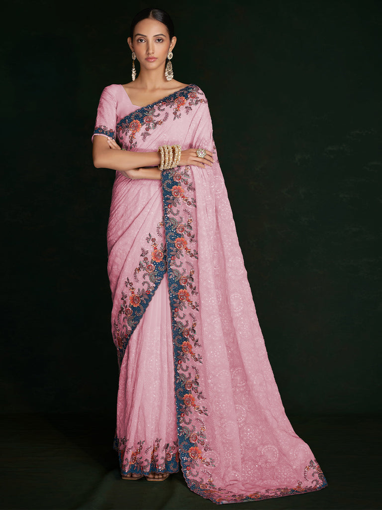Classic Pink Georgette Embroidered Saree With Unstitched Blouse Clothsvilla