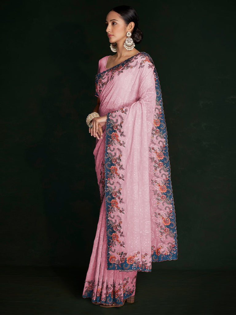 Classic Pink Georgette Embroidered Saree With Unstitched Blouse Clothsvilla