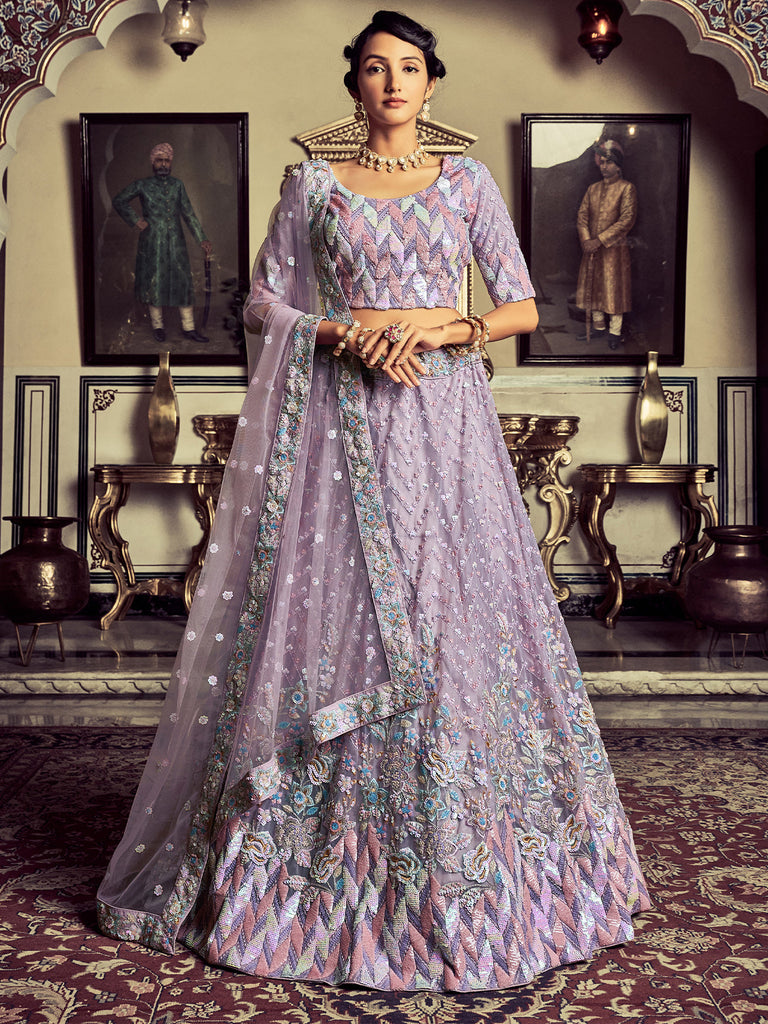 Modern Purple Georgette Embroidered Semi Stitched Lehenga With Unstitched Blouse Clothsvilla