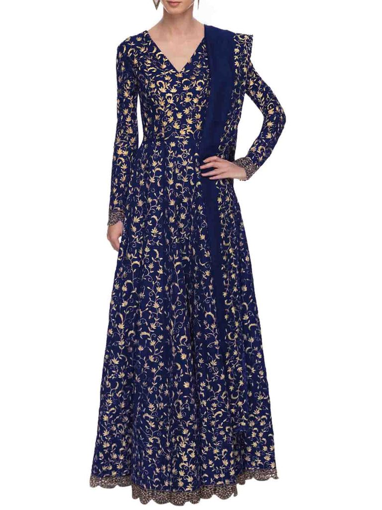 Navy Blue Art Sik Sequins Semi Stitched Gown Clothsvilla