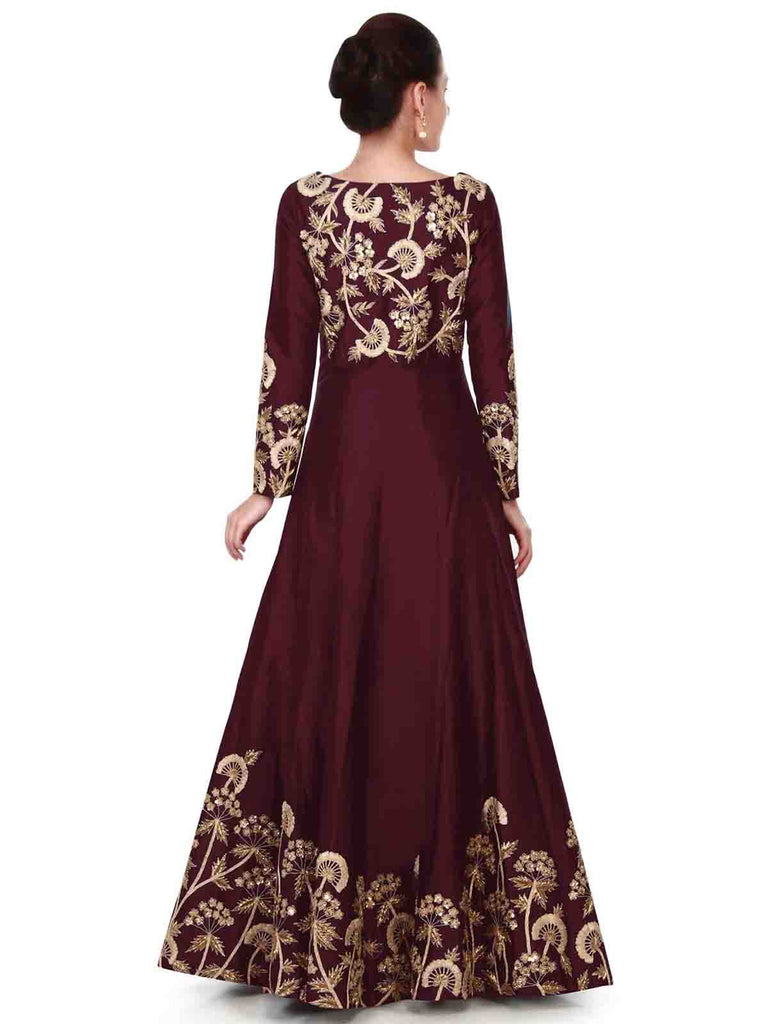 Stunning Tafetta Silk Maroon Semi Stitched Gown Clothsvilla