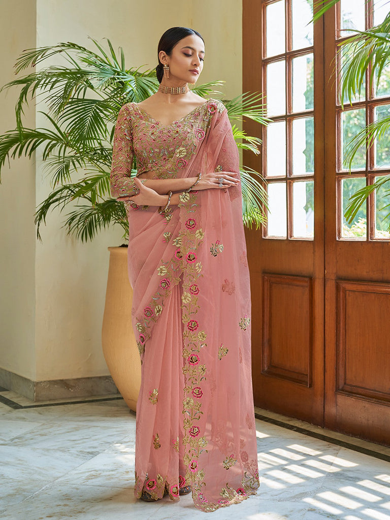 Peach Organza Embroidered Saree With Unstitched Blouse Clothsvilla