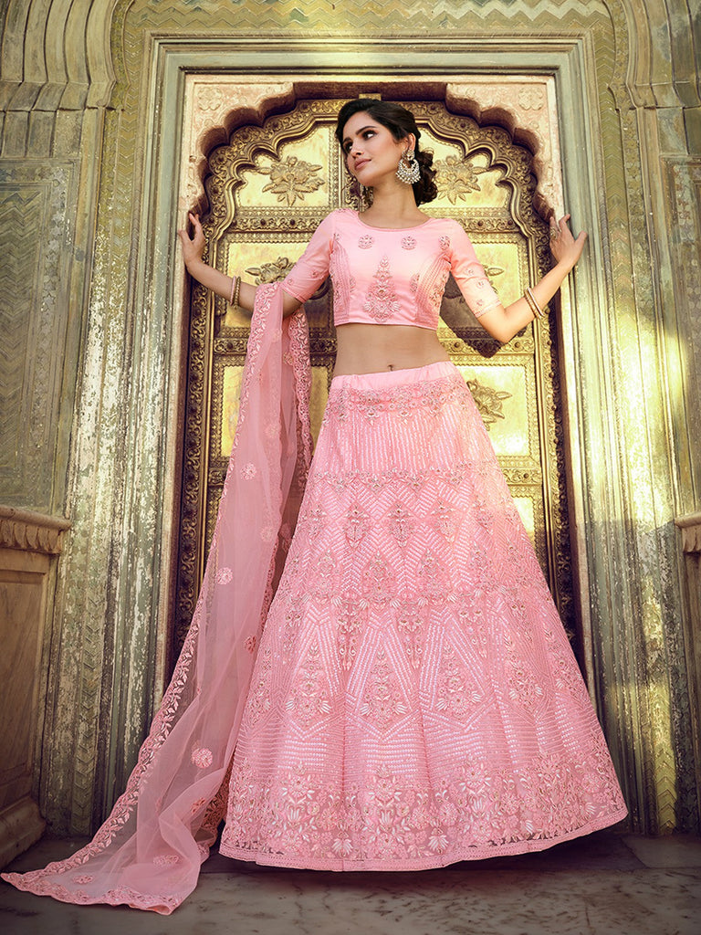 Pink Embroidered Soft Net Semi Stitched Lehenga With Unstitched Blouse Clothsvilla