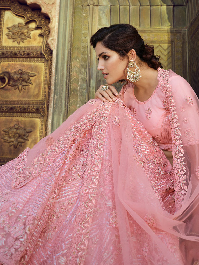 Pink Embroidered Soft Net Semi Stitched Lehenga With Unstitched Blouse Clothsvilla