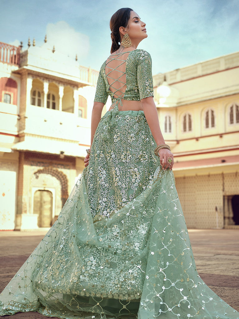 Green Embroidered Semi Stitched Lehenga With Unstitched Blouse Clothsvilla