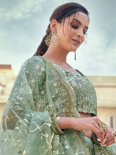 Load image into Gallery viewer, Green Embroidered Semi Stitched Lehenga With Unstitched Blouse Clothsvilla