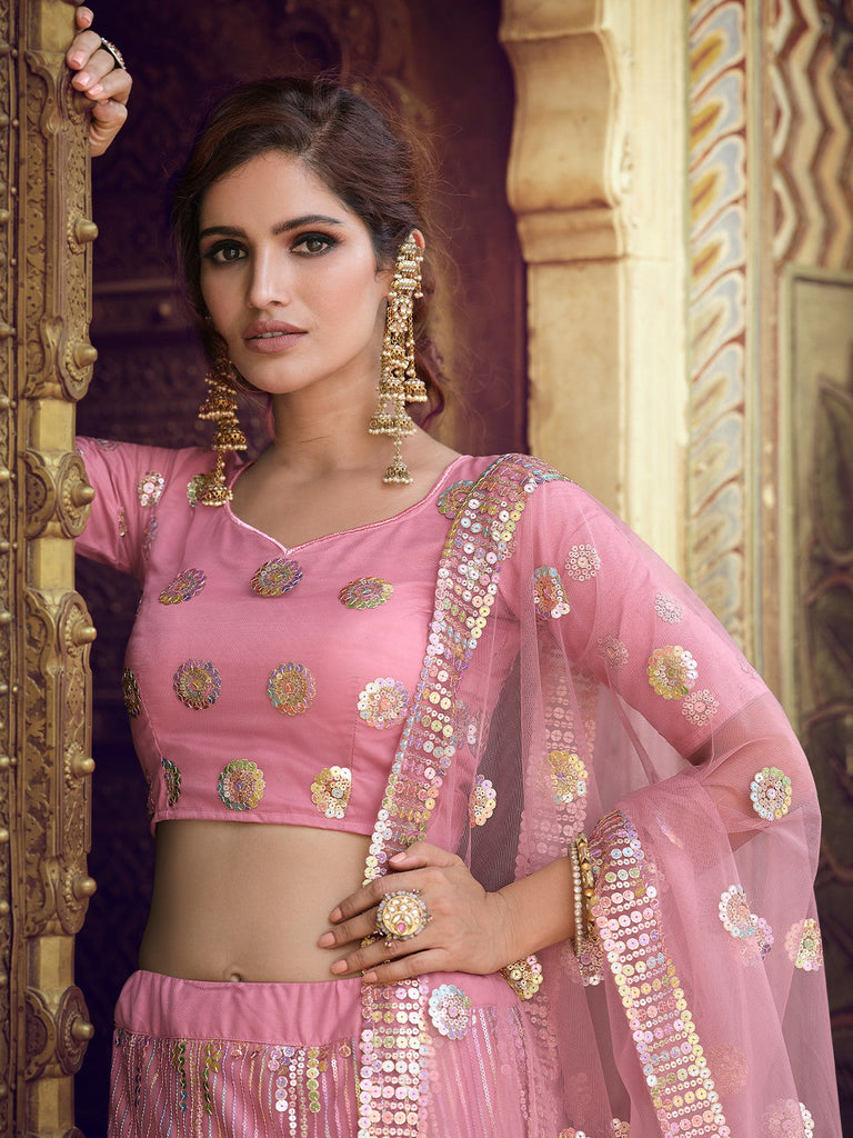 Pink Sequins Semi Stitched Lehenga With Unstitched Blouse Clothsvilla