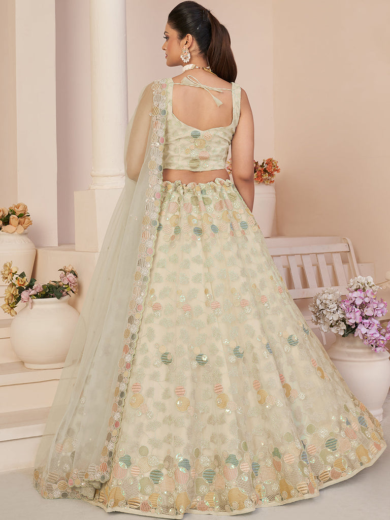 Cream Net Embroidered Semi stitched Lehenga With Unstitched blouse Clothsvilla