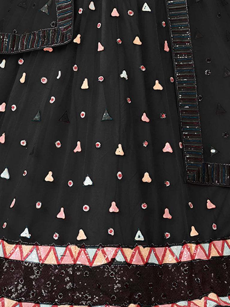 Black Net Embellished Semi stitched Lehenga With Unstitched blouse Clothsvilla