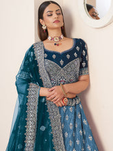 Load image into Gallery viewer, Blue Satin Embellished Semi stitched Lehenga With Unstitched blouse Clothsvilla