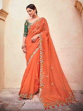 Load image into Gallery viewer, Orange Organza Embroidered Saree With Unstitched Blouse Clothsvilla