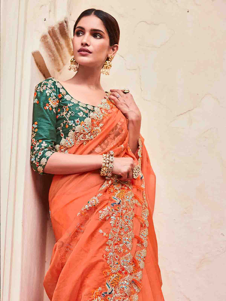 Orange Organza Embroidered Saree With Unstitched Blouse Clothsvilla