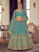 Load image into Gallery viewer, Light Blue Embroidered Organza Semi Stitched Lehenga With Unstitched Blouse Clothsvilla