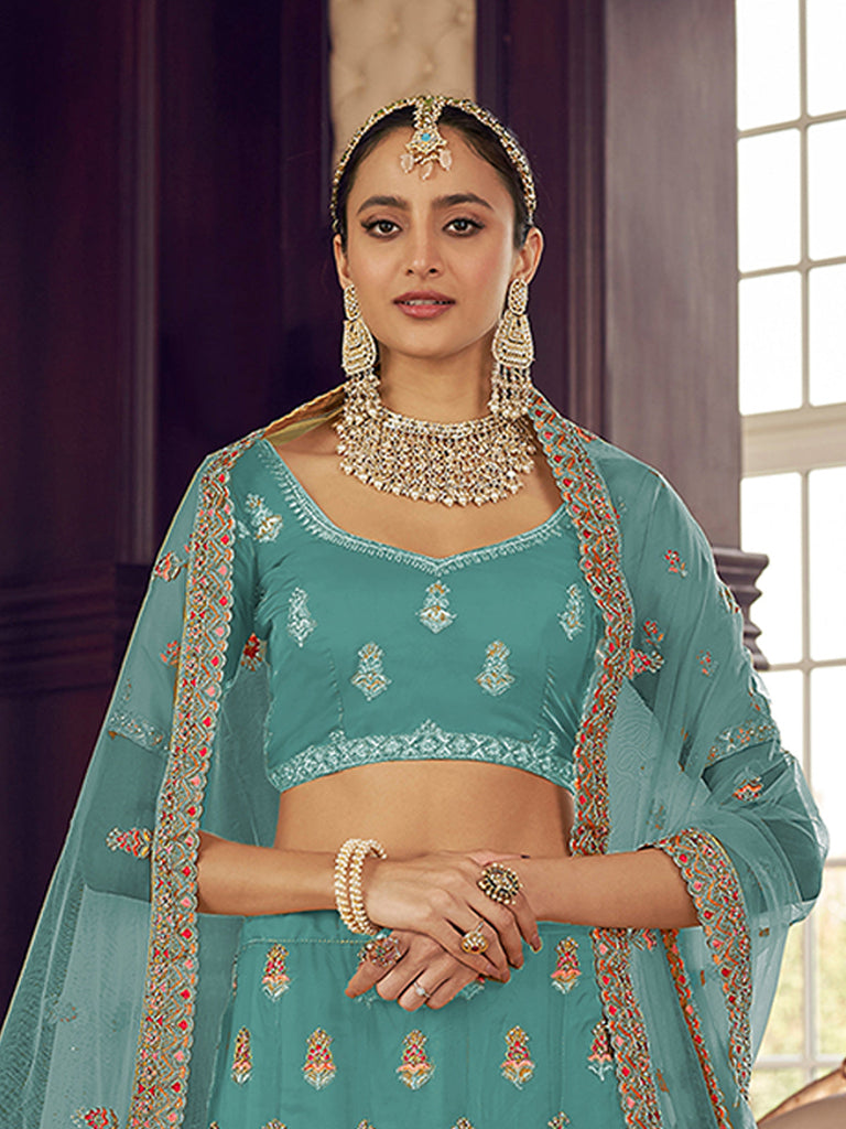 Light Blue Embroidered Organza Semi Stitched Lehenga With Unstitched Blouse Clothsvilla