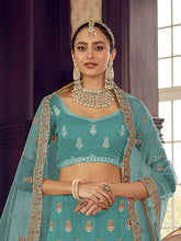 Load image into Gallery viewer, Light Blue Embroidered Organza Semi Stitched Lehenga With Unstitched Blouse Clothsvilla
