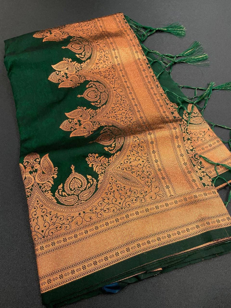 Innovative Dark Green Soft Banarasi Silk Saree With Snazzy Blouse Piece ClothsVilla