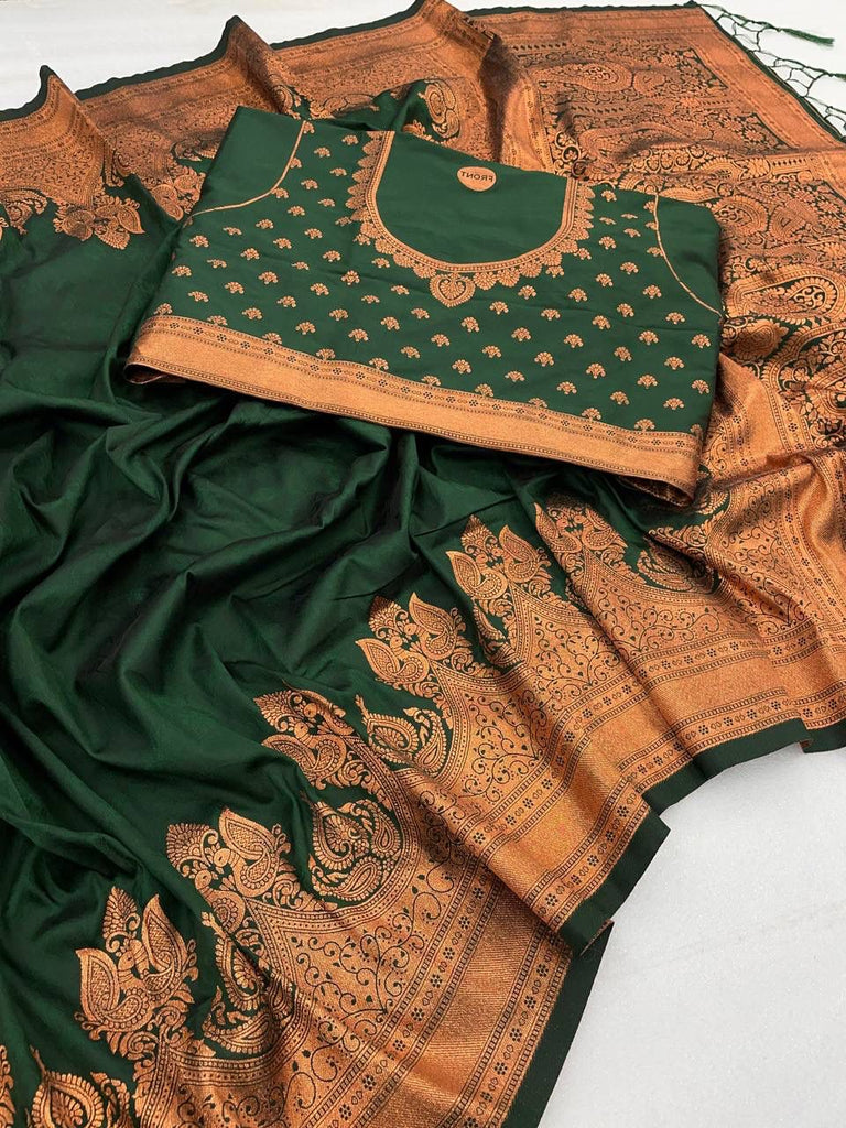 Innovative Dark Green Soft Banarasi Silk Saree With Snazzy Blouse Piece ClothsVilla