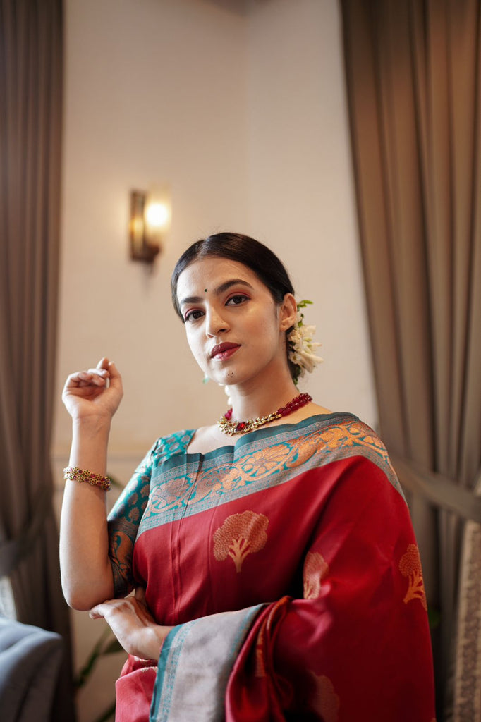 Dalliance Maroon Soft Banarasi Silk Saree With Moiety Blouse Piece ClothsVilla