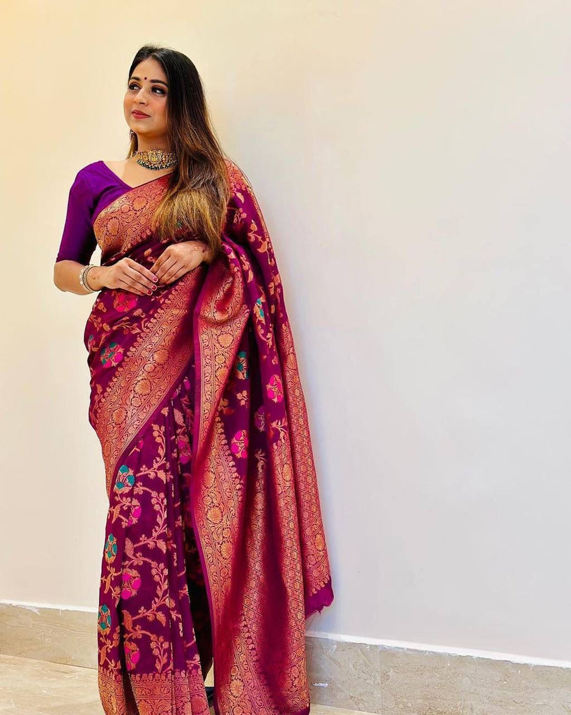 Blooming Purple Soft Banarasi Silk Saree With Staring Blouse Piece ClothsVilla